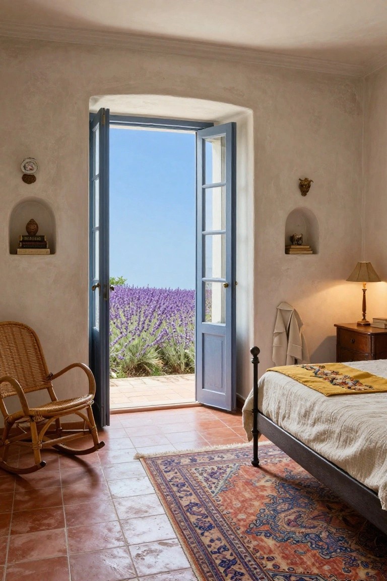 Bedroom with whitewashed walls, open blue French doors framing purple lavender fields, rattan rocking chair, iron bed with yellow throw, terracotta tile floor, and Persian rug.