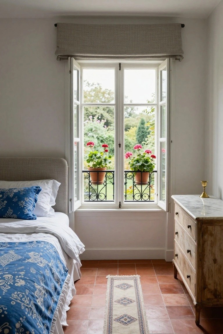 Bedroom with upholstered bed draped in blue patterned coverlet and white sheets, open French casement windows showing wrought-iron balcony with red geraniums in orange terracotta pots overlooking garden, beside distressed wood dresser with white marble top on red terracotta tile floor.