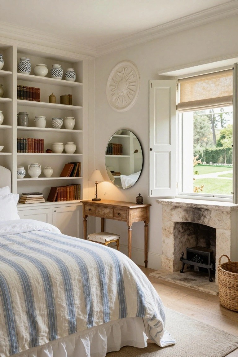 Bedroom interior with white built-in open shelves filled with white ceramics, books, and jars, a wooden vanity table with round mirror and lamp, striped linen bed, stone fireplace, and open window with shutters overlooking a garden.
