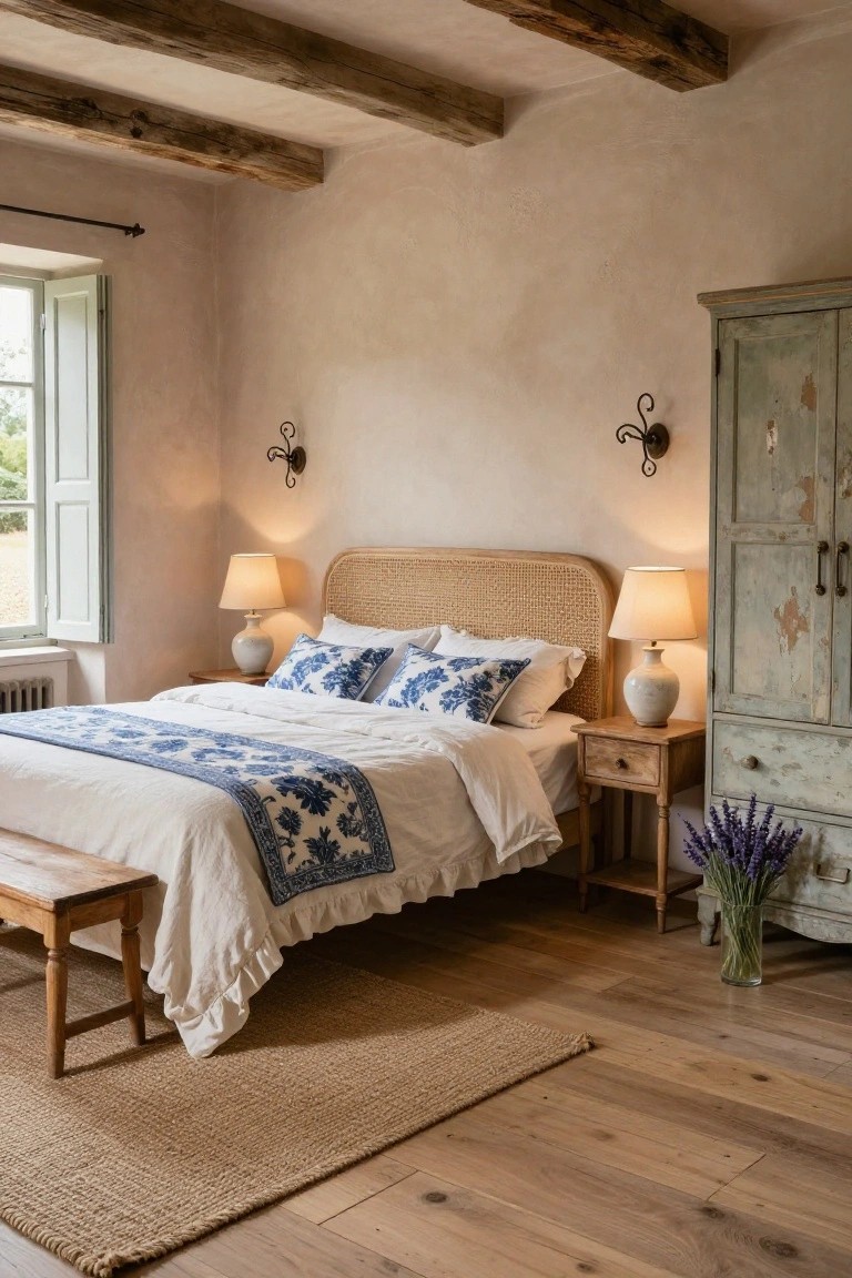 Bedroom with rattan headboard on a bed dressed in white linens and blue floral pillows and bedspread, wooden nightstand and bench, antique green armoire, exposed ceiling beams, seagrass rug on wood floors, and lavender flowers in a vase.