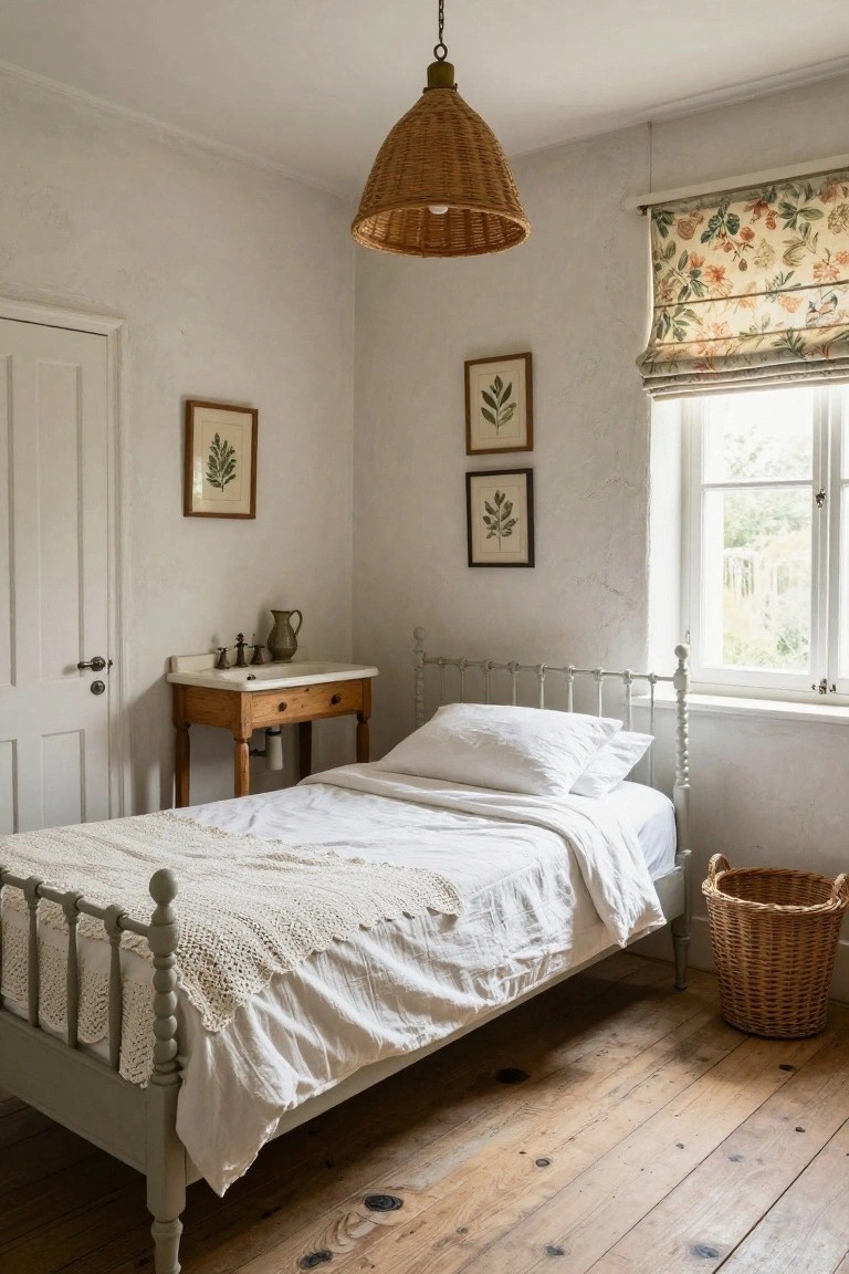 A small bedroom with white walls, a painted iron single bed with white sheets and crochet throw, wooden washstand with sink jug and taps beside it, two botanical prints, rattan pendant light, floral roman shade on window, and wicker basket on wooden floor.