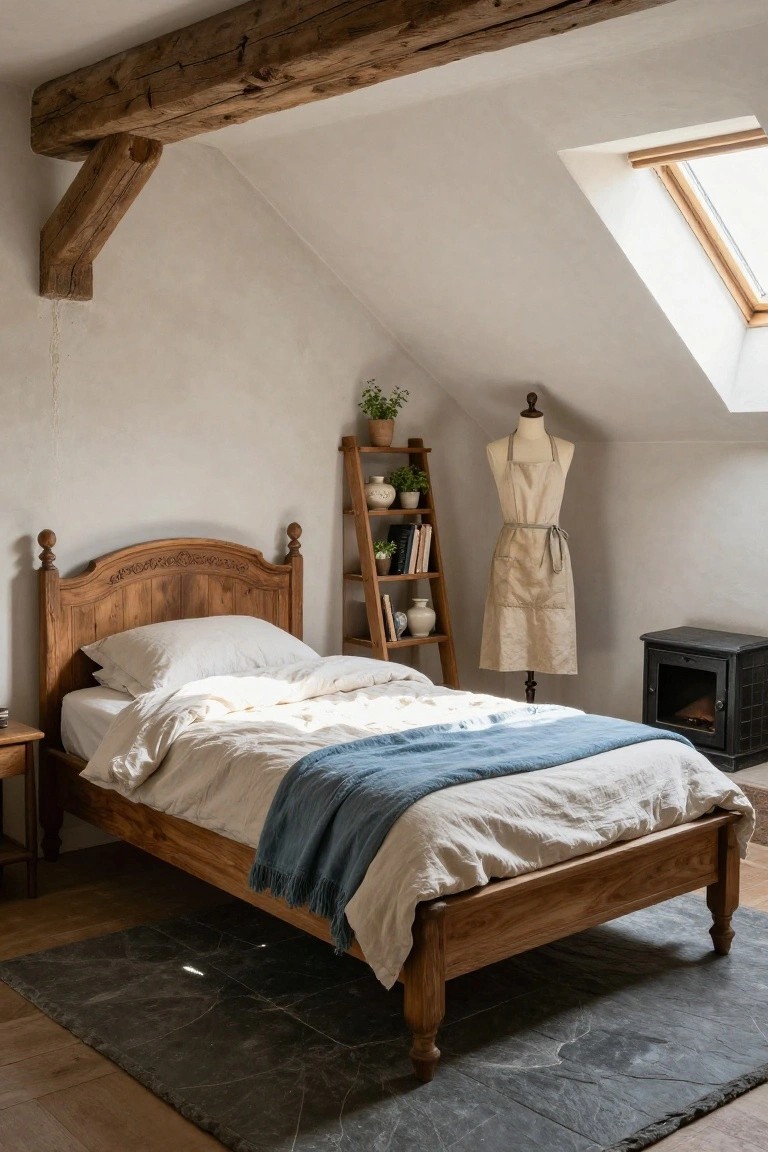 Attic bedroom with carved wooden bed frame, white linen bedding, blue throw blanket, ladder shelf holding plants and books, mannequin in beige apron, small wood stove, skylight, exposed wooden beams, and dark rug on wood floor.