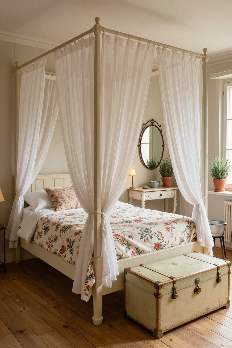 A bedroom with a white four-poster bed draped in sheer white curtains, floral bedding, a nightstand holding a lamp and potted rosemary plants next to an oval mirror, and a vintage trunk on the footboard against wooden floors.