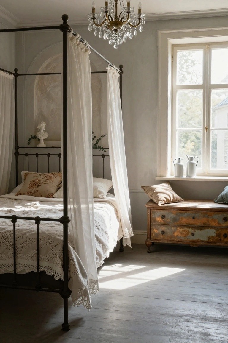 A light-filled bedroom with a black iron four-poster bed draped in white sheer curtains, white linens, a marble bust on a shelf with eucalyptus, an antique wooden dresser, and white pitchers on a windowsill.