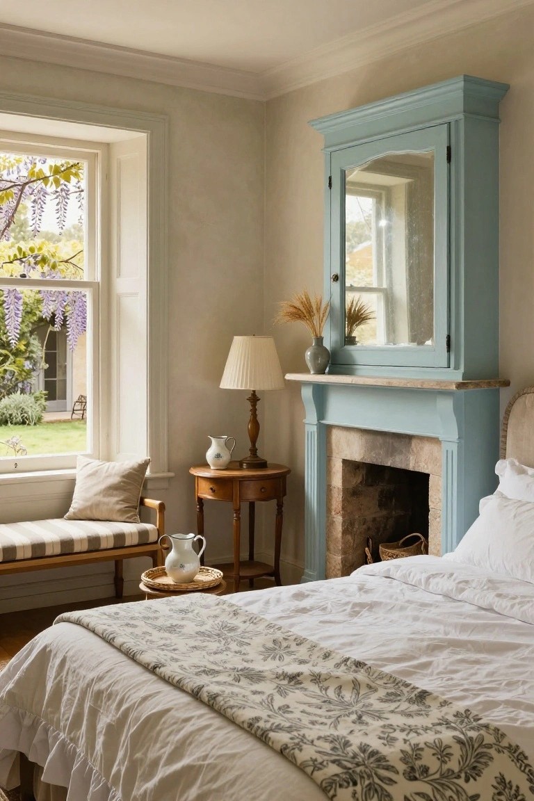 Bedroom corner with blue-painted fireplace surround and matching armoire with mirror, white bed with gray floral throw, window showing purple wisteria and garden, neutral walls and wood furniture.