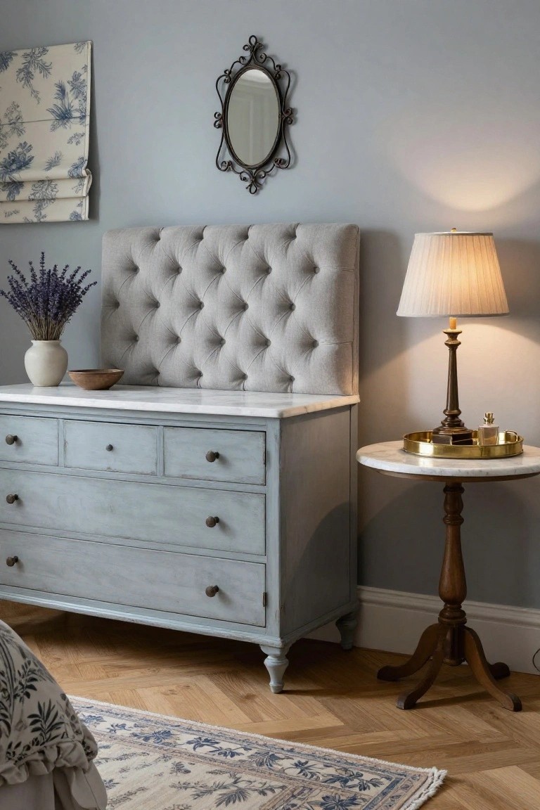 Light blue painted wooden low dresser with white marble top and gray tufted fabric backrest attached, positioned in a bedroom corner next to a round marble-topped pedestal table holding a brass lamp and perfume tray, with a vase of lavender on the dresser.