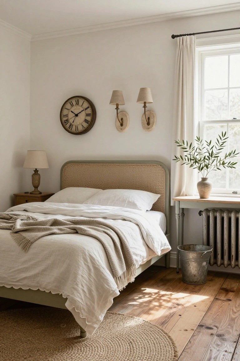 Bedroom interior with a bed featuring rattan headboard on sage green frame, white linen bedding and gray throw, bedside table with lamp, wall-mounted vintage clock and sconces, olive branches in vase on windowsill above radiator, metal bucket, jute rug on wood floors.