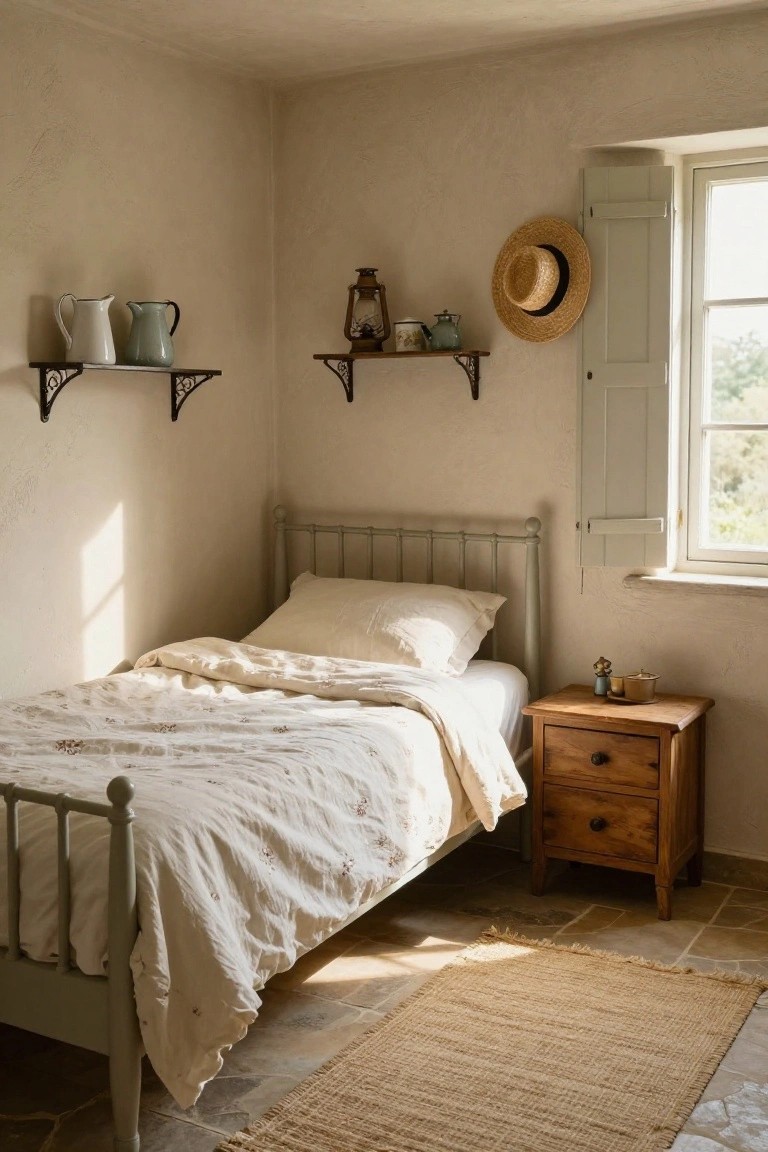 Sunlit corner of a bedroom with pale walls, painted iron single bed covered in white linen bedding, wooden nightstand with small figures and candle holder, open shelves holding white and green enamelware jugs, lantern, teapot, and straw hat hanging on shutters beside window.