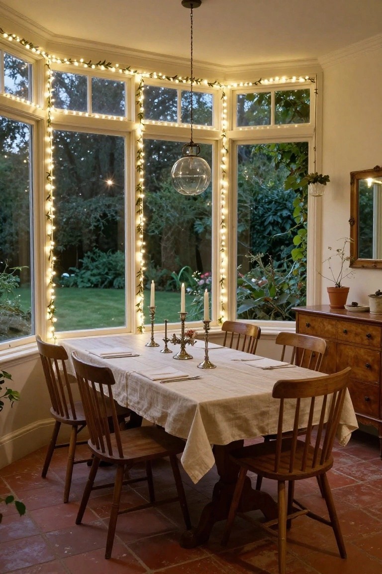 Interior bay window dining area with fairy lights and greenery wrapped around white window frames, wooden table draped in white linen with candlesticks and napkins, wooden chairs, antique dresser, and potted plants on terracotta floor tiles.