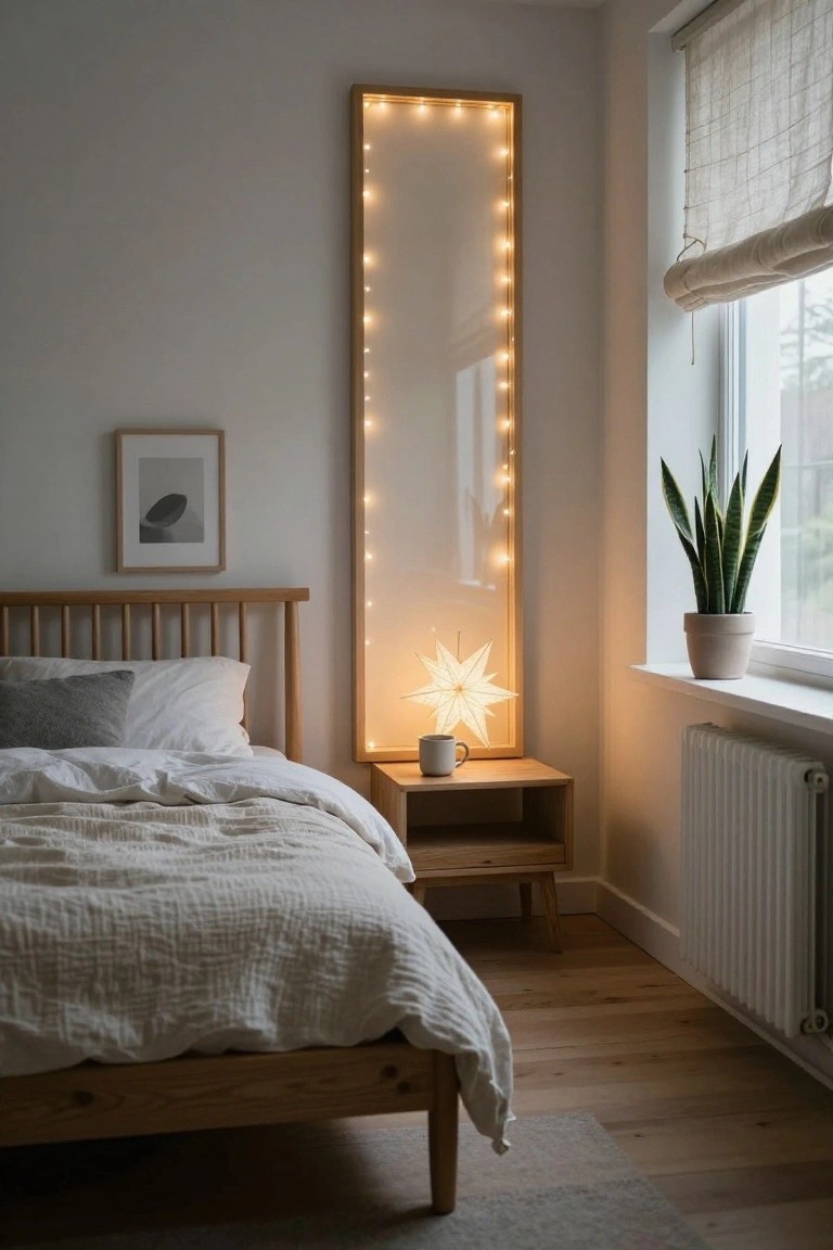Tall wooden-framed full-length mirror with warm white string lights outlining the frame against a light gray wall in a bedroom with wooden bed, white linens, nightstand with lit star ornament and mug, potted snake plant on windowsill with sheer curtains, and radiator.