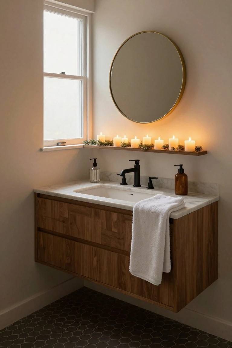 Bathroom with floating wooden vanity, white sink, black faucet, round gold mirror, wooden shelf above mirror holding lit white candles and pine branches, next to a window, on black hexagonal floor tiles.