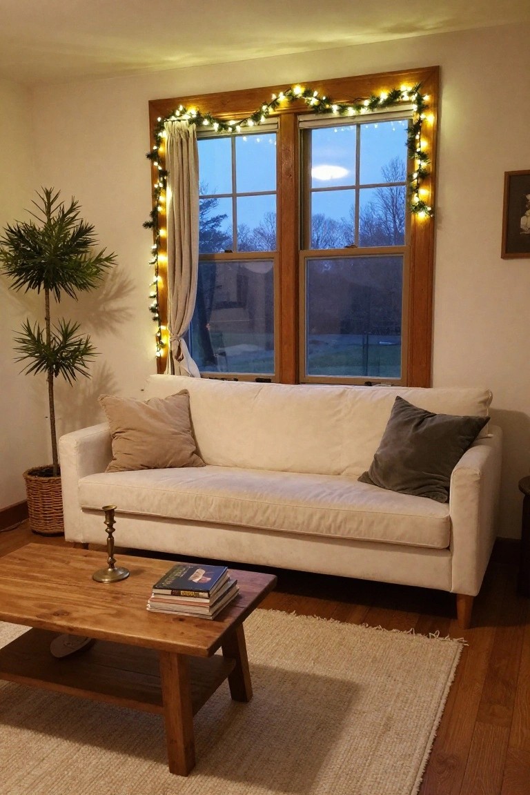 Living room interior with beige sofa, wooden coffee table stacked with books, potted palm plants, brass candlestick, and Christmas lights with garland draped around a wooden double-hung window frame overlooking a winter landscape at dusk.