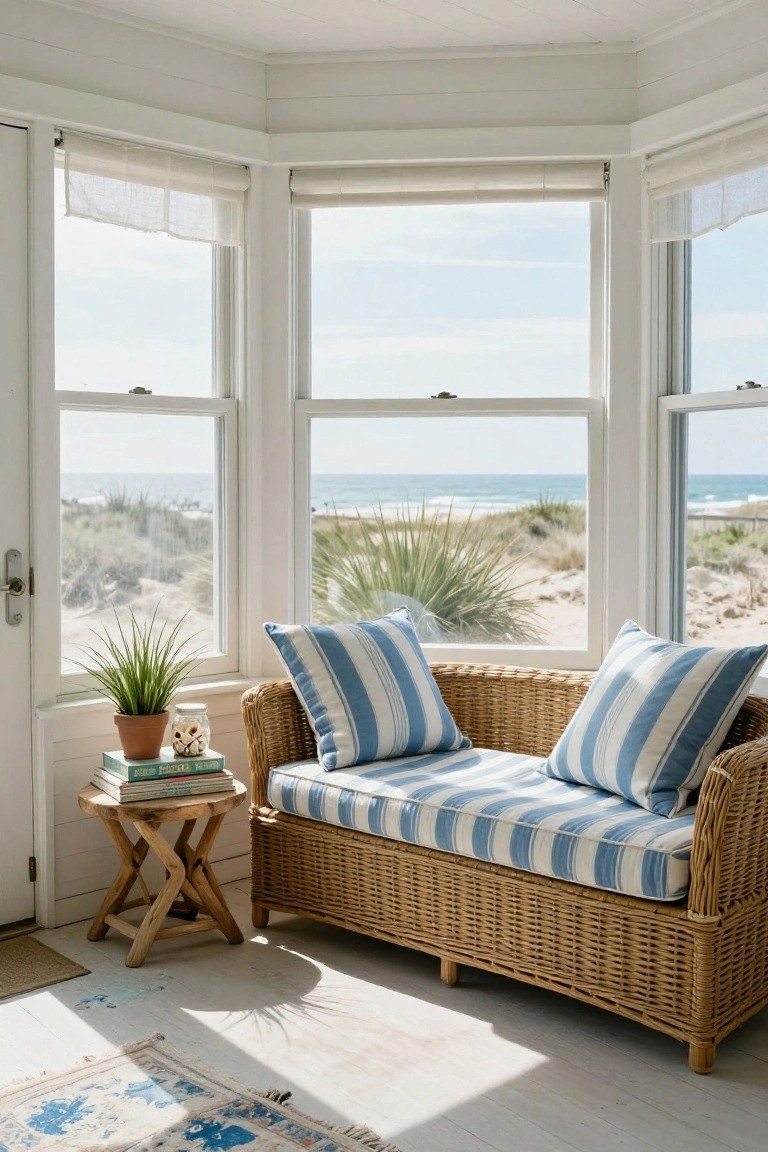 Bright sunlit interior corner with white bay windows overlooking beach dunes and ocean, featuring a blue-striped cushioned wicker loveseat, wooden side table with books and potted plant, and a colorful rug on white wood floor.