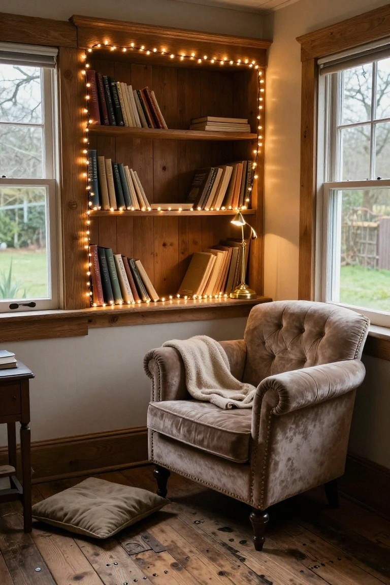 Wooden bookshelves built around two large corner windows, outlined with warm fairy lights, with books, a brass lamp, velvet armchair, throw blanket, and footstool on hardwood floor.