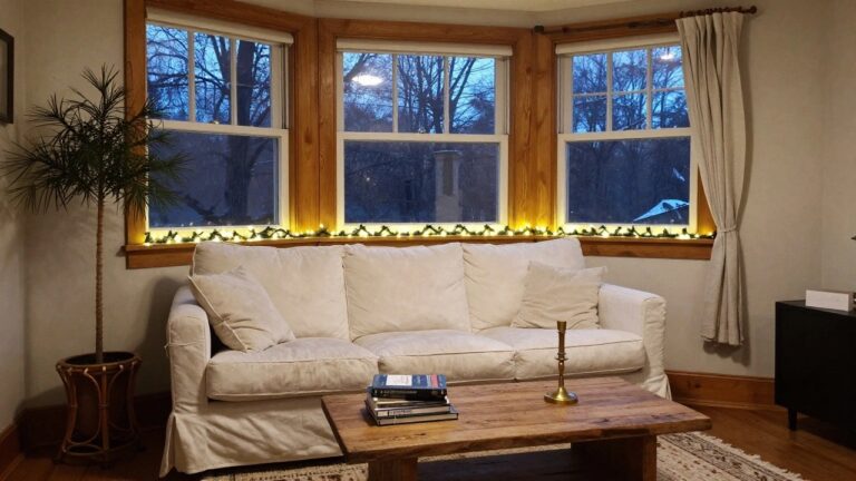 Living room interior with beige sofa, wooden coffee table stacked with books, potted palm plants, brass candlestick, and Christmas lights with garland draped around a wooden double-hung window frame overlooking a winter landscape at dusk.