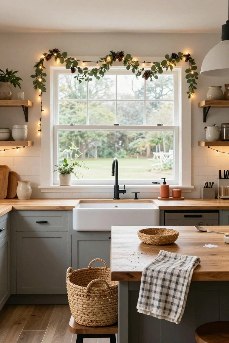 Kitchen with light gray cabinets, oak wood counters, white farmhouse sink under a multipane window decorated with fairy lights, pinecones, and eucalyptus garland draping the frame.