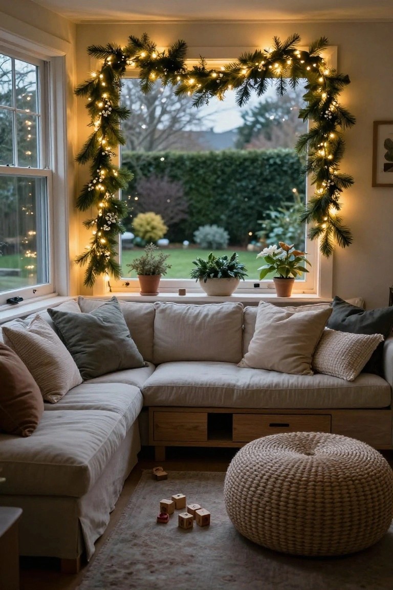 Cozy interior corner with light beige L-shaped sofa piled with pillows, wooden storage bench, woven pouf, scattered wooden blocks on rug, plants on windowsills, and evergreen garland with white string lights framing large multi-pane bay windows overlooking a garden at dusk.