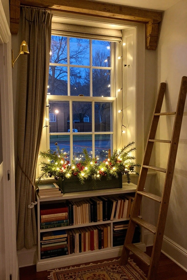 Interior photo of a window sill with a wooden box filled with Christmas garland, berries, pinecones, and fairy lights, next to white bookshelves and a leaning wooden ladder in a room at dusk.