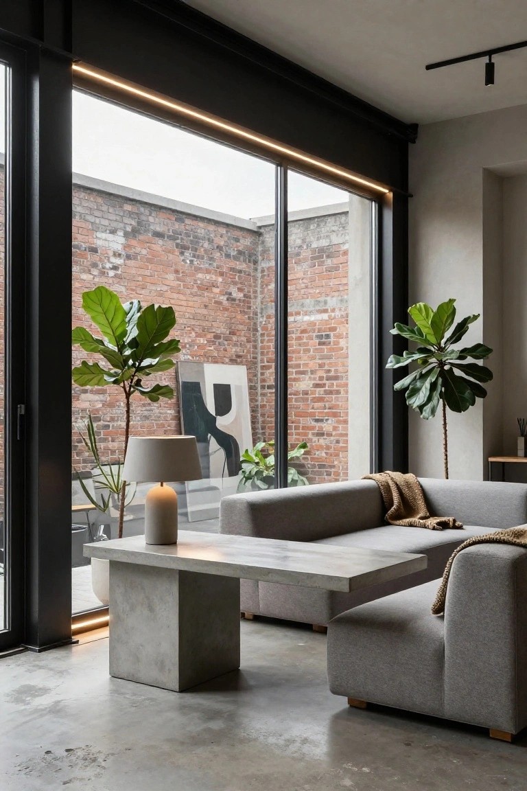 Contemporary interior living room with gray L-shaped sofa, concrete coffee table, potted fiddle leaf fig plants, ceramic lamp, abstract artwork, and large black metal-framed sliding glass doors with LED strip lighting along the frames, overlooking a brick exterior wall.