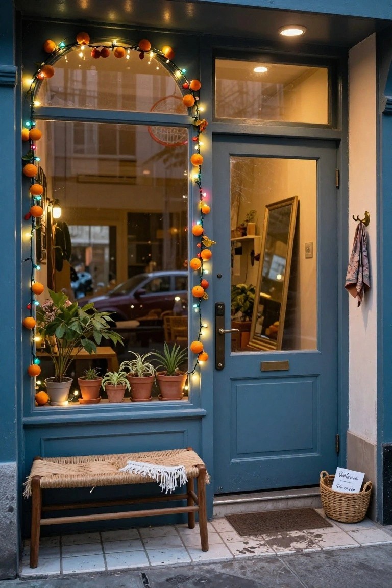Blue-painted storefront with arched window showing indoor plants and reflections, framed by orange garland and multicolored fairy lights, blue entry door, woven bench and basket on the step.