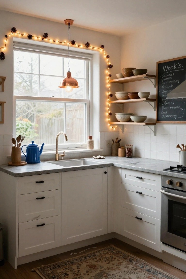 A white kitchen corner with fairy lights strung through pinecones along the window frame, copper pendant light hanging above the sink, blue teapot on the counter, wooden shelves holding bowls, and a chalkboard menu on the wall.