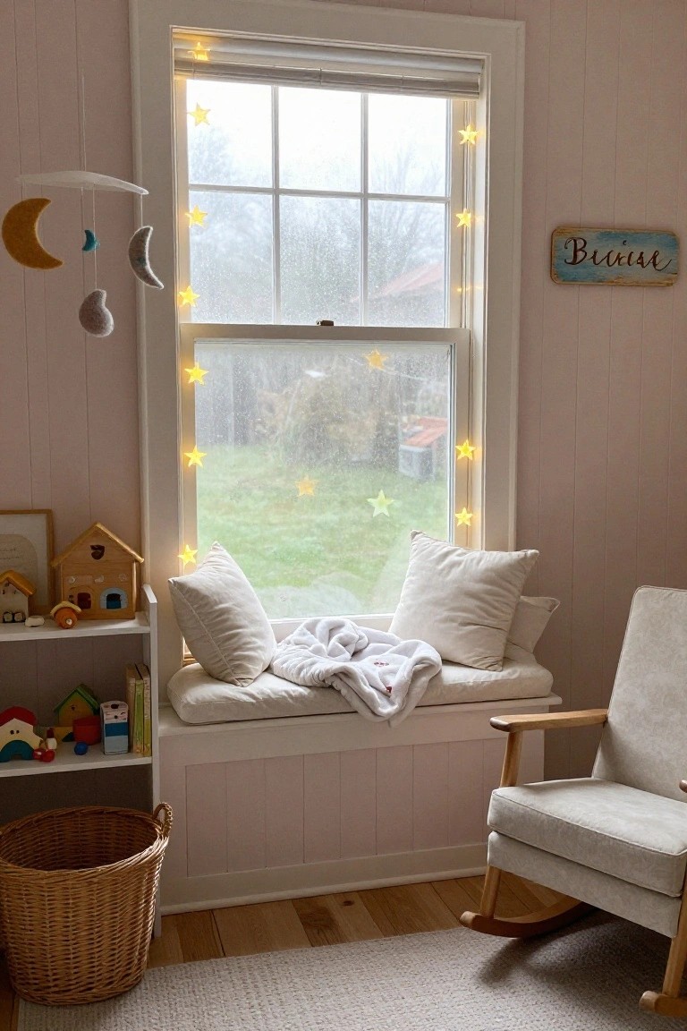 Pink nursery room with large window framed by yellow star string lights, built-in window seat with white pillows and blanket, beige rocking chair, toy shelves, and wicker basket on hardwood floor.