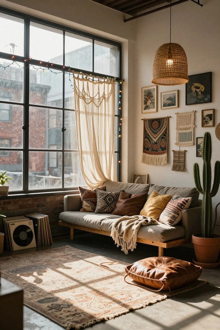 A boho loft living room with low beige sofa piled with colorful pillows and throws, cactus plant, woven wall art, vinyl records, rattan pendant light, and Christmas string lights draped along large black metal industrial windows with sheer curtains and macrame.