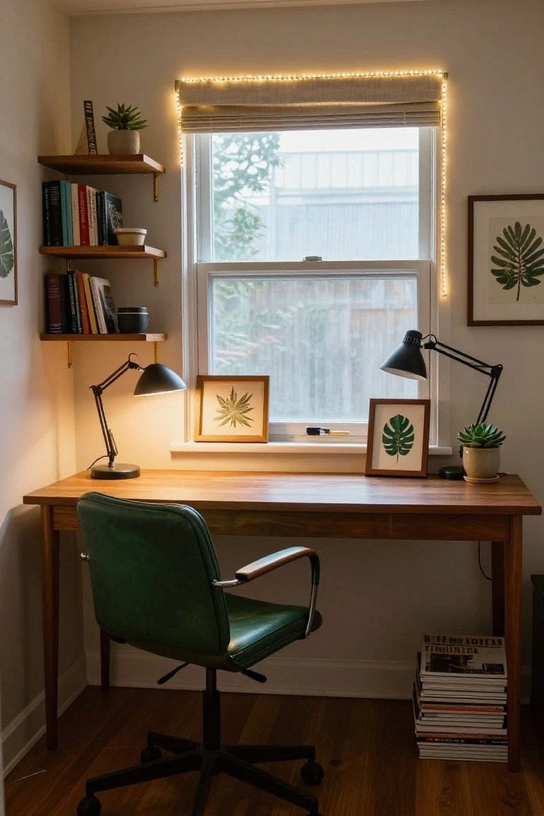 Home office interior with wooden desk, green leather chair on casters, two adjustable black desk lamps, bookshelves holding books and plants, framed botanical prints including a cannabis leaf, potted succulents, and thin warm string lights outlining the top of a large window with beige roller shade.