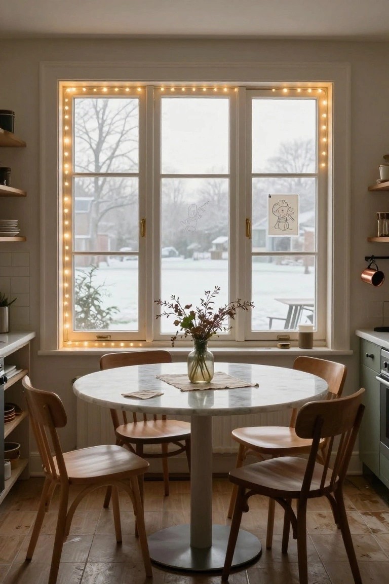 Kitchen interior featuring a large triple window outlined in warm string lights with snowy trees and yard visible outside, round white marble table with wooden chairs, shelves holding dishes and plants.