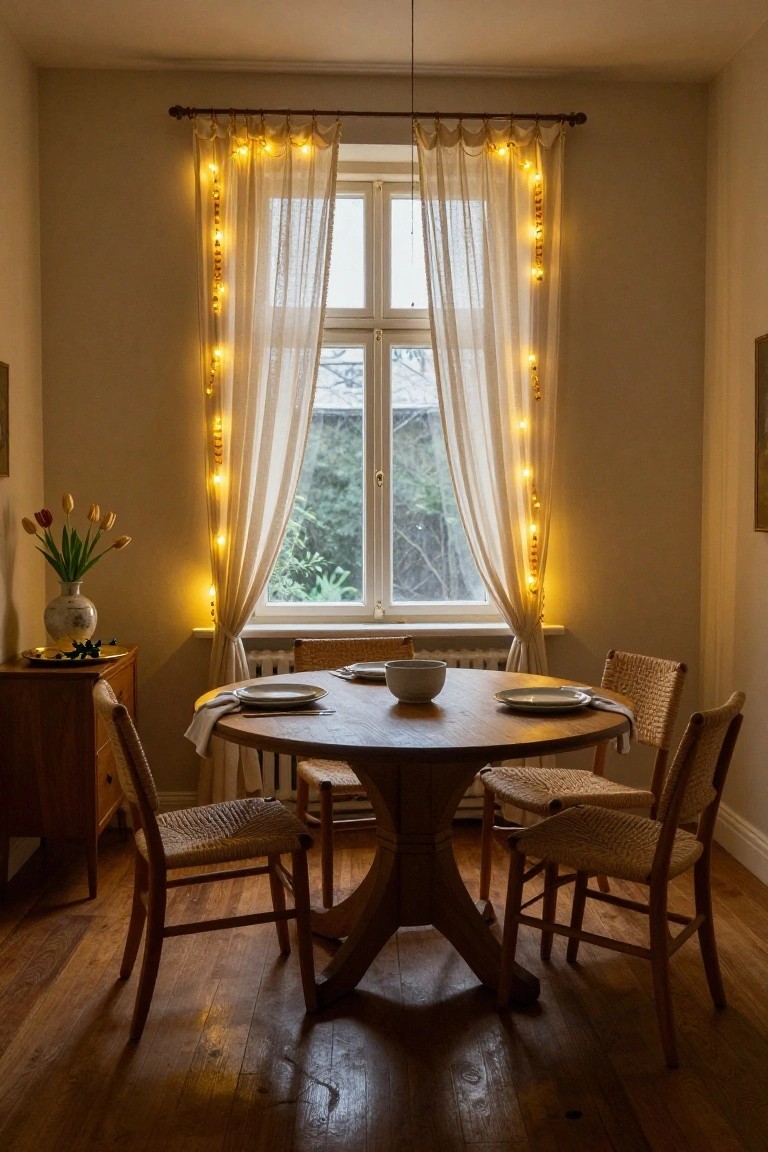 Dining room interior with round wooden table, rattan chairs, sideboard holding tulips in vase, and large window covered in sheer curtains draped with golden string lights.