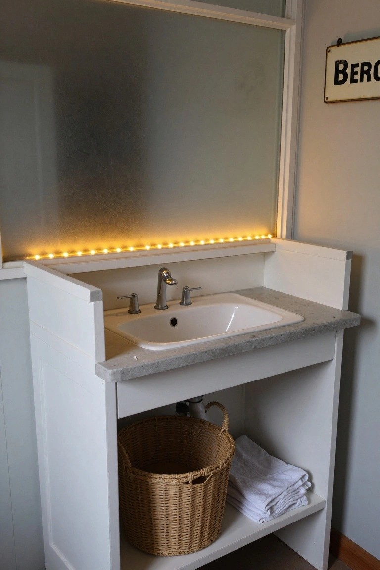 White freestanding bathroom vanity with white sink, chrome faucet, frosted glass mirror framed at the top by continuous warm yellow LED strip lights, wicker basket holding white towels in the open shelf below, and a BERÇO sign mounted on the wall nearby.