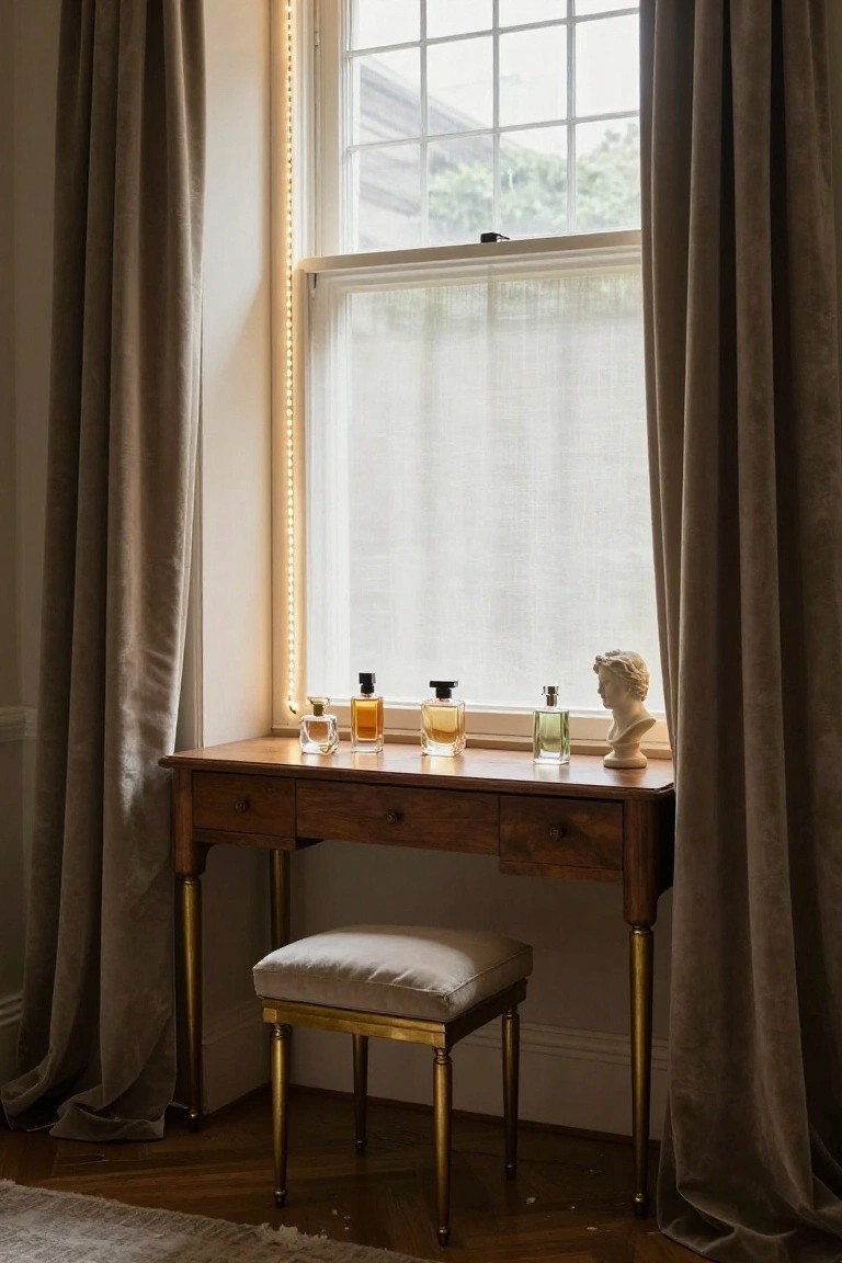 Wooden vanity table holding perfume bottles and a white plaster bust next to a tall window with beige curtains and LED string lights along the inner frame, with a white cushioned stool on gold legs in front.