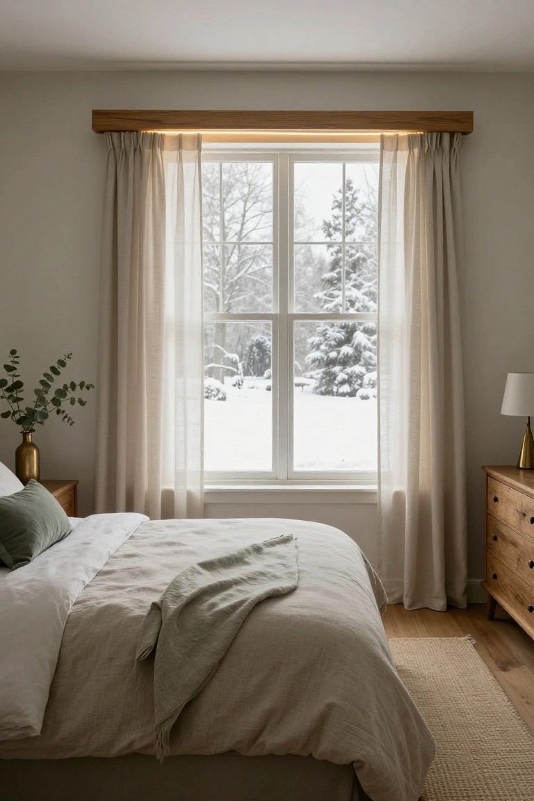 Bedroom with white bed, green pillows, wooden dresser, gold lamp with eucalyptus, sheer curtains on large window with wooden valance emitting warm light, snowy trees and landscape outside, neutral walls and wood floor.