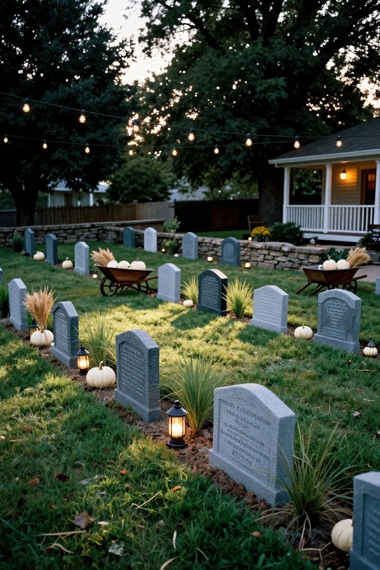 Backyard lawn set up as a Halloween cemetery with gray headstones in rows, white pumpkins, hay bales in wooden wheelbarrows, lanterns along paths, string lights overhead, and a house nearby.