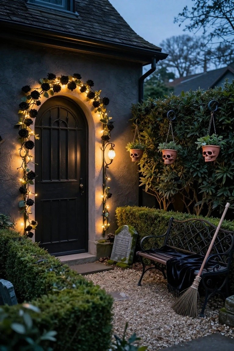 Stucco house exterior featuring a black arched door framed by black rose garlands with string lights, skull-shaped planters hanging from hedges, gravestones, a bench with black fabric and broom, surrounded by boxwood hedges and gravel path at dusk.