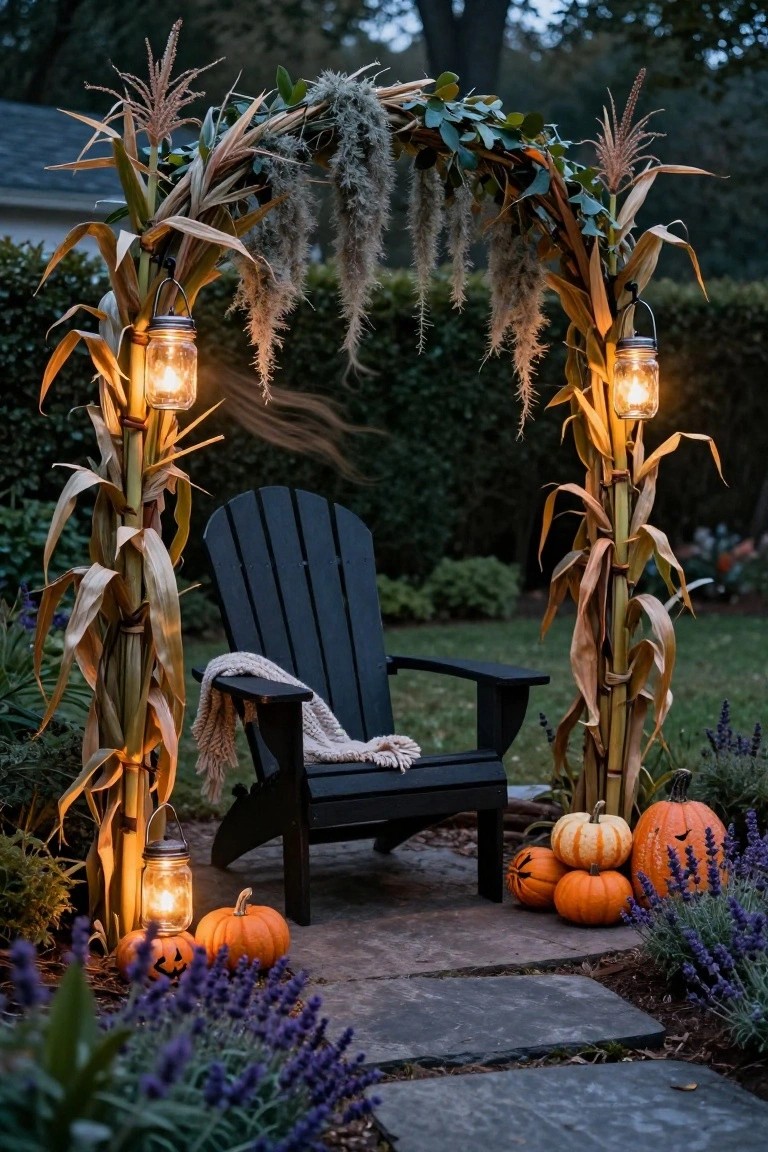 Cornstalks form an archway over a black Adirondack chair draped with a light blanket, with hanging mason jar lanterns, pumpkins, and lavender plants beside a stone path in a backyard garden.