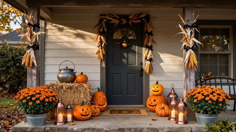 Front porch of a dark gray house with a stack of four carved orange jack-o-lanterns and smaller pumpkins next to the black door, flanked by cornstalk bundles, a wheat and leaf wreath on the door, hay bales, mum flowers in a bucket, and copper lanterns on the steps.