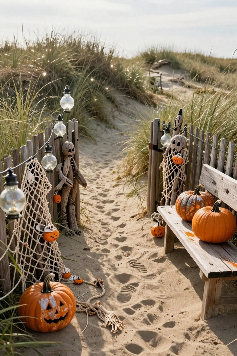 Sandy beach dune path enclosed by weathered wooden fences decorated with driftwood skeleton figures, hanging glass lanterns on strings, fishing nets, small carved pumpkins, larger pumpkins on a wooden bench, and beach grass on both sides.