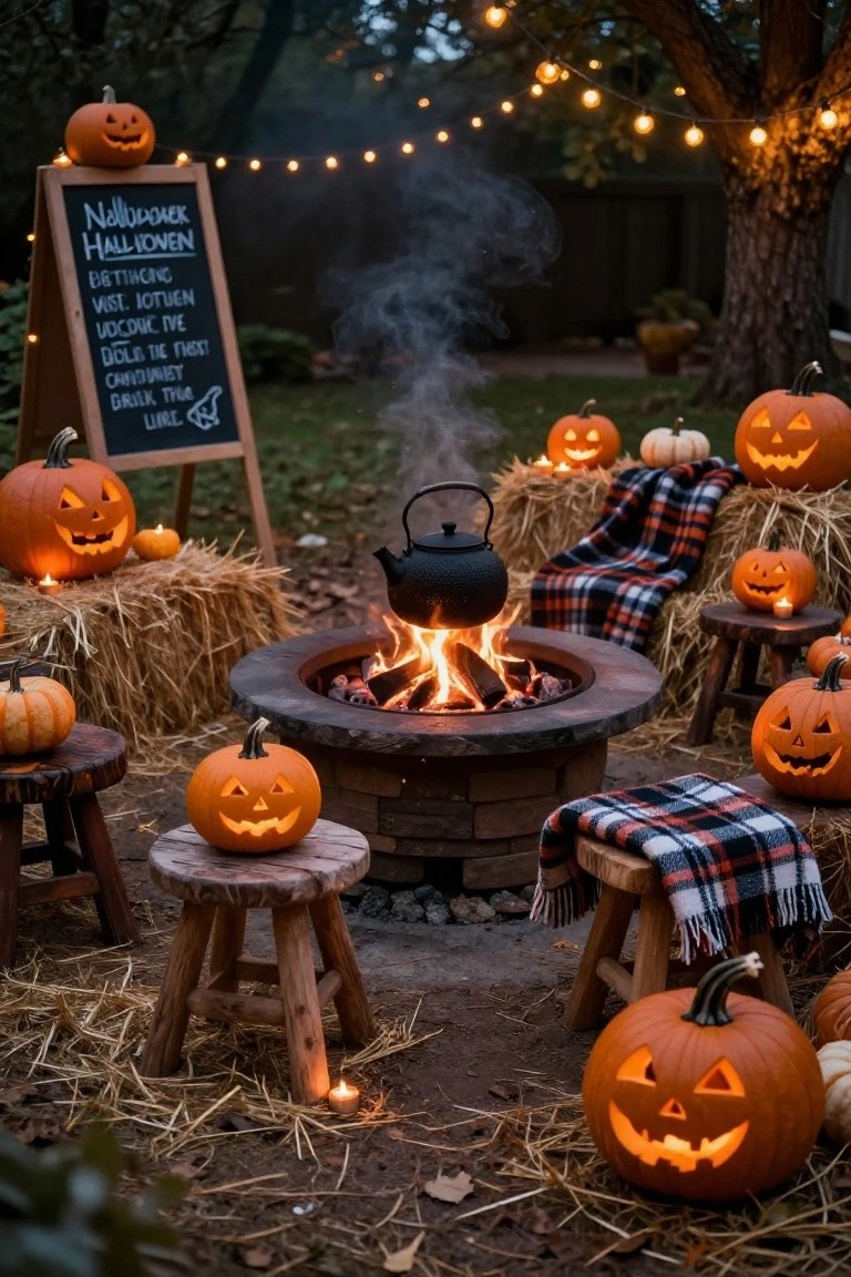 Stone fire pit with burning logs and a black kettle, surrounded by hay bales, wooden stools, plaid blankets, numerous carved jack-o'-lanterns, string lights, and a chalkboard sign in an outdoor Halloween setup.