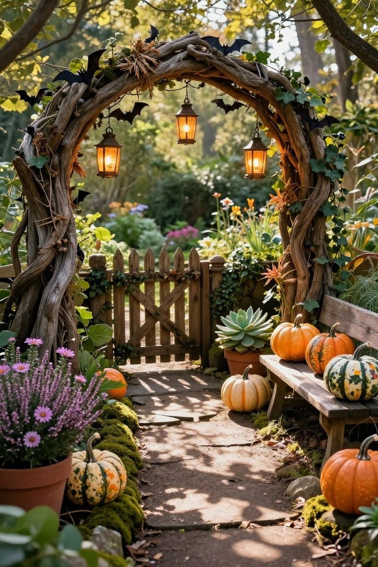 Twisted wooden archway entwined with ivy and branches, decorated with black bats and hanging lanterns, framing a wooden picket gate, with pumpkins, flowers, succulents, and a bench along a stone path in a garden.