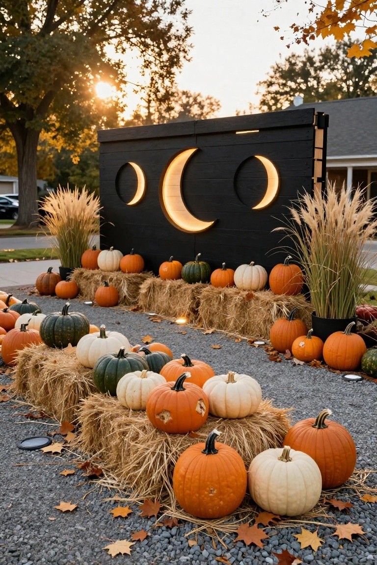 Gravel pathway lined with stacked hay bales topped by assorted orange, white, green, and speckled pumpkins, flanked by pampas grass and a tall black wooden backdrop featuring three illuminated crescent moon shapes, with a house visible behind at sunset.