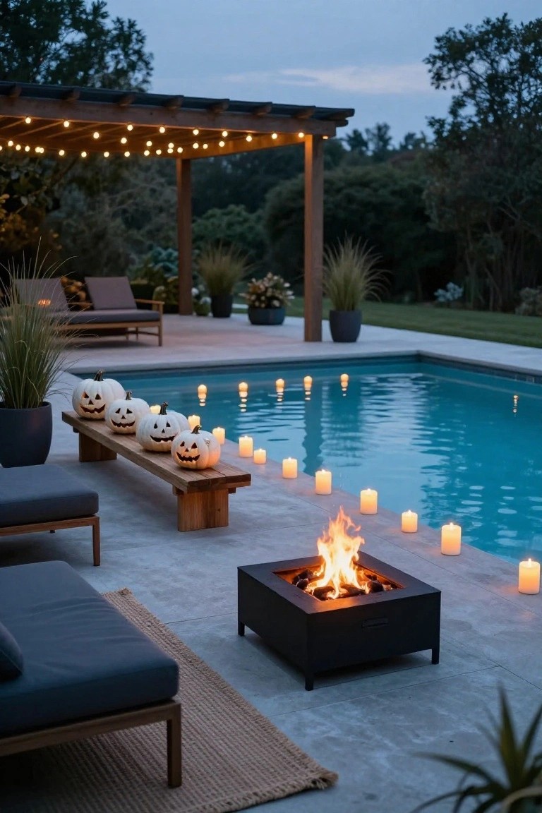Backyard pool at dusk with floating candles in the blue water, white carved pumpkins on a wooden bench nearby, candles on the patio edge, a square black fire pit with flames, lounge seating, potted grasses, and string lights hanging from a wooden pergola.