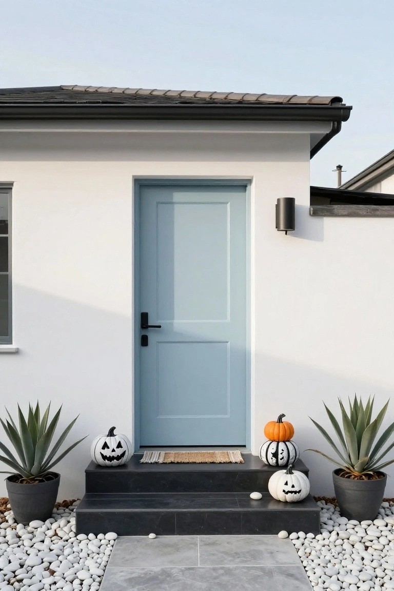 White modern house facade with blue front door, small window, black entry light and steps, potted agave plants flanking steps with stacked white and orange carved pumpkins, white pebble mulch.