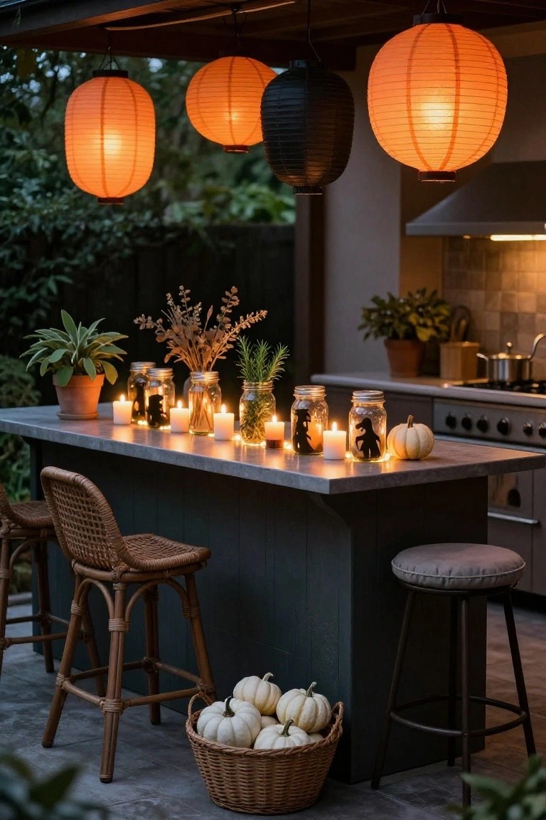 Covered outdoor kitchen island with gray countertop holding lit mason jars with black Halloween silhouette cutouts, small white pumpkins, potted plants, hanging orange and black paper lanterns, rattan stools, and basket of pumpkins nearby.