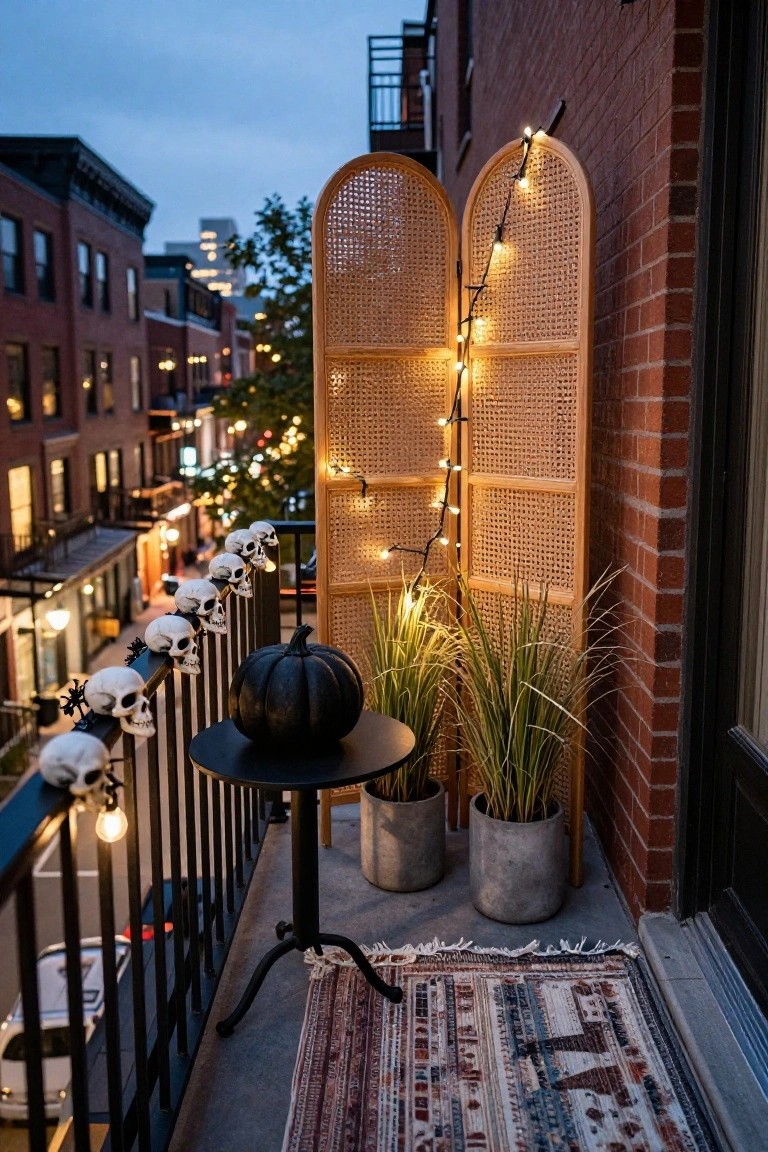 City balcony at dusk decorated for Halloween with white plastic skulls clipped to black metal railing, black pumpkin on round table, pampas grass in gray pots, beige rattan folding screen wrapped in string lights, and patterned rug on floor.