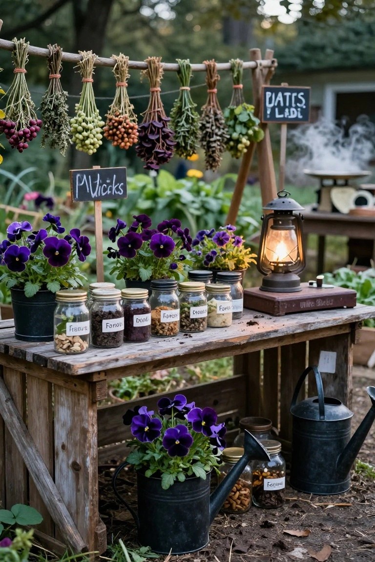 Wooden outdoor stall with hanging dried herbs and plants, jars of labeled nuts and seeds on the table, potted purple pansies, a lit lantern, watering cans, and a sign reading "Plantes et Ladis" in a garden with steam rising nearby.