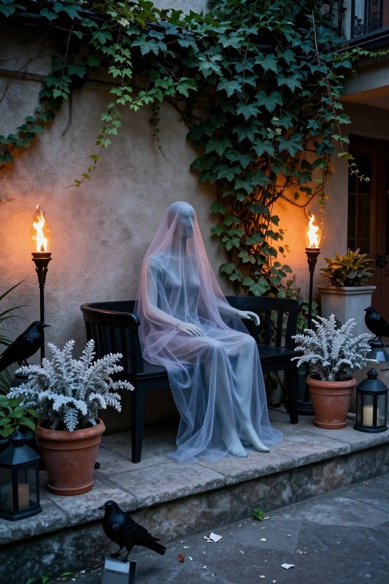 Veiled mannequin on bench between flaming torches and black birds.