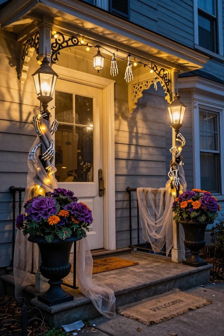 Front porch of a light blue house decorated for Halloween with two black lampposts wrapped in white skeleton arms and string lights, purple and orange potted flowers, draped white fabric, and a woven doormat on stone steps.