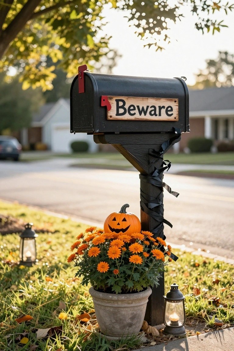Black mailbox on a wooden post wrapped in black ribbons with a "Beware" sign attached, a carved pumpkin, potted orange chrysanthemum flowers, and metal lanterns at the base in a front yard with a house and car in the background.