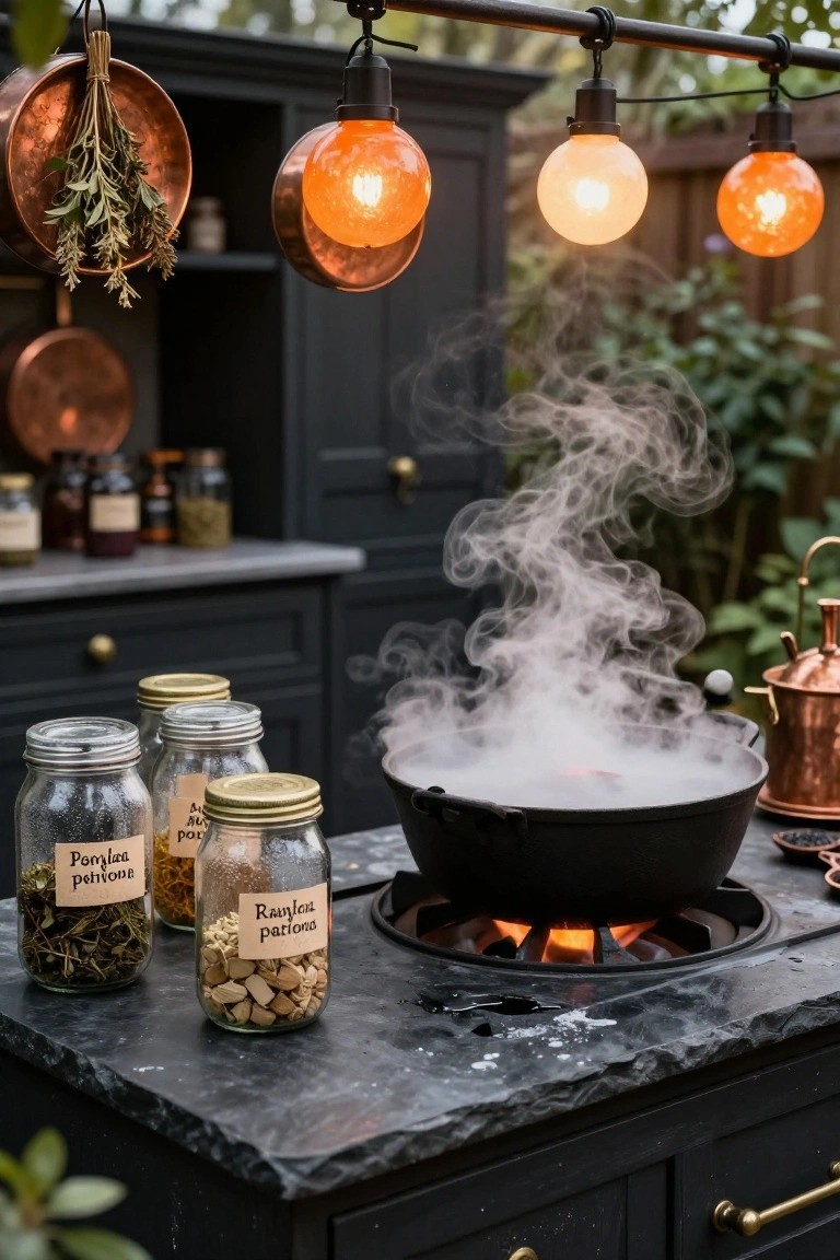 Outdoor kitchen counter with a black pot steaming over a gas burner, jars of dried herbs and spices with handwritten labels, copper cookware, hanging herb bundles, dark cabinets, and orange globe lights overhead.